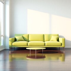 Idea of a blue minimalist living room interior with sofa, vases on the wooden floor and decor on the large wall and white landscape in window. Home Nordic interior. 3D illustration
