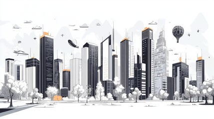 An artwork showing a futuristic city with tall, black and white buildings in a drawn outline style. It gives a unique and imaginative perspective on architecture.