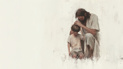 Christ comforting a young boy in a tender moment.
