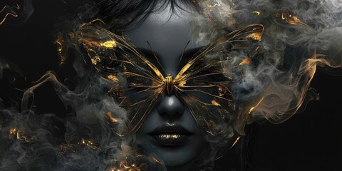 Woman's face is obscured by smoke and a butterfly
