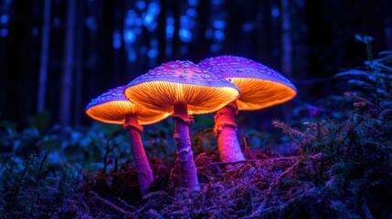 Fototapeta premium giant mushrooms glowing with bioluminescent light in a dark enchanted forest, focus on mystery and fantasy