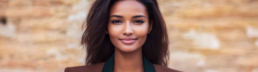 Obraz premium Portrait of a woman with long hair in front of textured wall sunny day in an urban setting