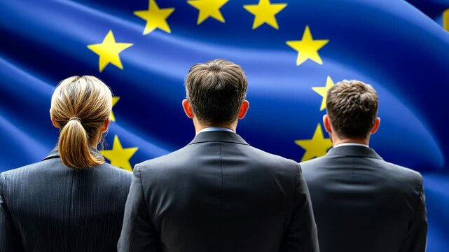 Business professionals standing before the European Union flag in a formal setting