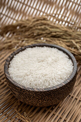 asian white rice grains in rustic setting display in Cambodia