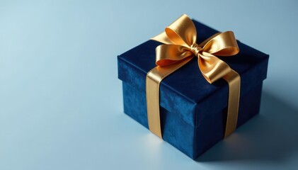 Dark blue velvet box with a golden ribbon tied at the top, metallic, bow, luxury