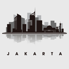 Fototapeta premium Stylized black and white illustration of the Jakarta skyline, the capital of Indonesia. Landmark buildings and landmarks in a minimalist silhouette design with a reflection effect at the bottom.