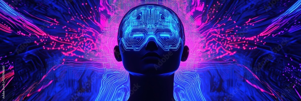 Poster futuristic human head silhouette with glowing circuit board pattern and vibrant neon lights represen