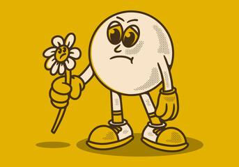 Ball head mascot character in sad expression holding wilted sunflower. yellow background
