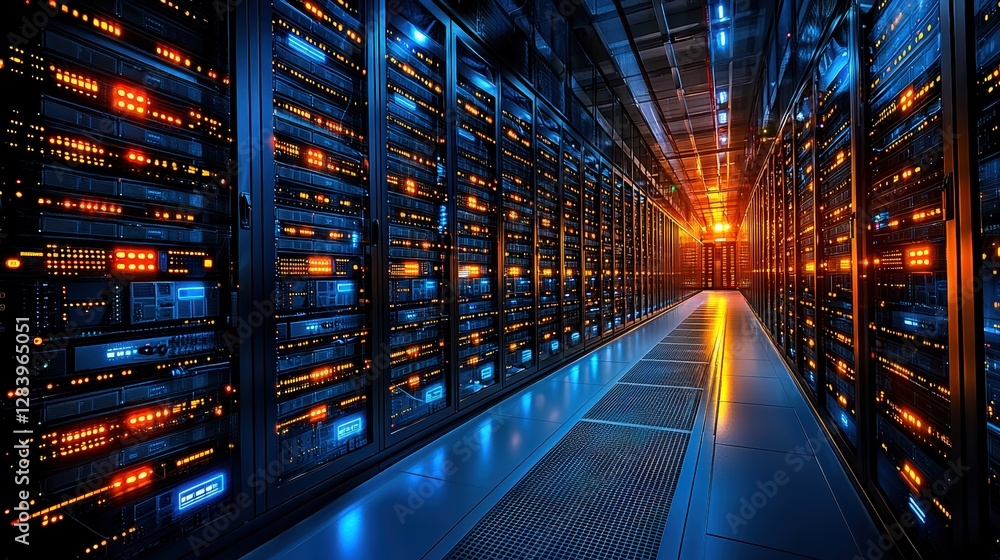 Poster high-tech server room filled with rows of servers and equipment in a modern data center environment