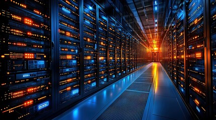 High-tech server room filled with rows of servers and equipment in a modern data center environment