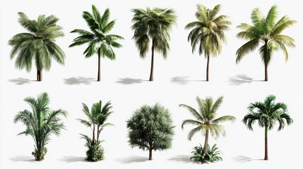 Various tropical palm trees collection on white background