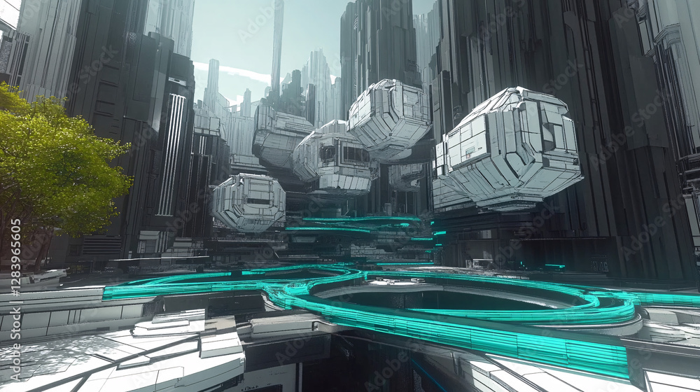 Poster futuristic floating structures with neon energy paths in a sci-fi city blending technology and natur