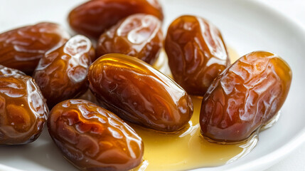 photo of honey dates kurma on a white plate isolated white background
