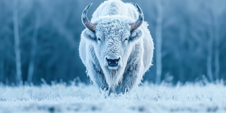 White buffalo is standing in the snow
