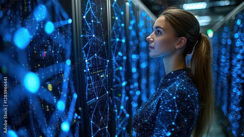 Poster woman analyzing a server in a high-tech server room filled with networking equipment and racks