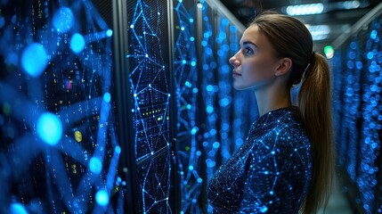 Woman analyzing a server in a high-tech server room filled with networking equipment and racks