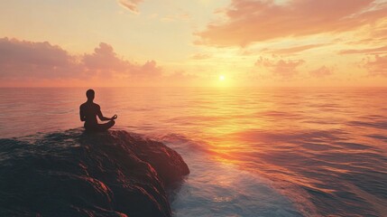 Person meditating on a cliff overlooking the ocean, focus on mindfulness and mental well-being, calm waves and beautiful sunset