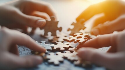 A close-up view of hands working together to complete a jigsaw puzzle