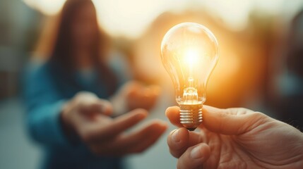 A hand holding a glowing light bulb symbolizes innovation and inspiration. Another hand reaches for it, representing the sharing of ideas and collaborative creativity in life.