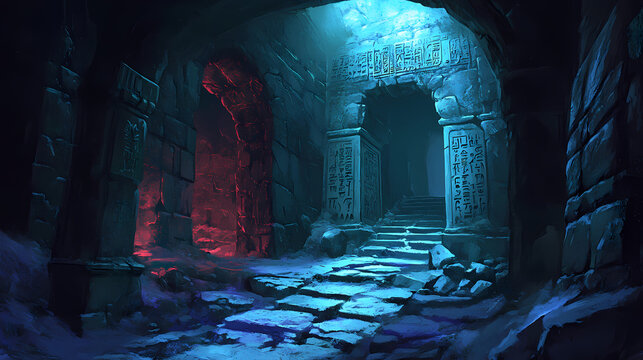 A dark, mysterious tunnel with ancient inscriptions on the walls, evoking a sense of history and exploration. Ancient Forgotten Labyrinth. Illustration