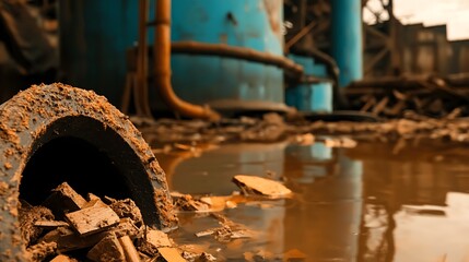 Industrial site with waterlogged ground, debris, and blue machinery in the background
