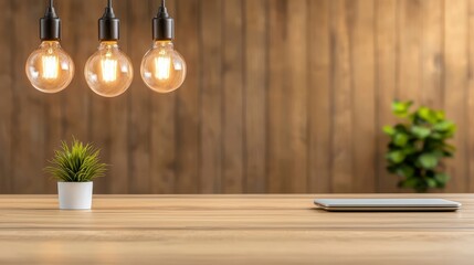 Modern Workspace with Warm Lighting and Green Plant on Wood Table