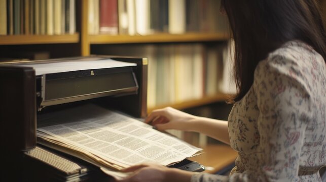 Archivist using a microfilm reader to study old newspapers, combining traditional methods with modern tools for research