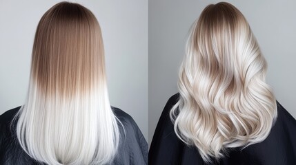 Naklejka premium A transformation showcasing a hairstyle change from straight, ombre hair to wavy, highlighted locks, emphasizing texture and color enhancement.