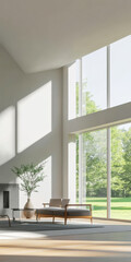 Modern living room with large windows and natural light in a serene environment