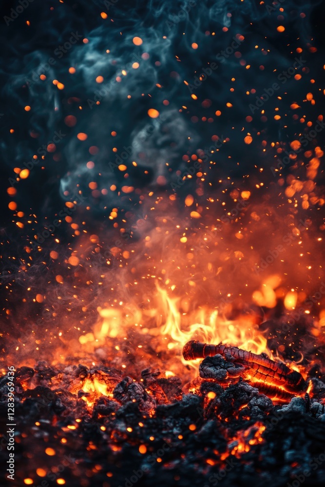 Poster fiery embers and sparks on a dark background creating an intense fire particles scene.
