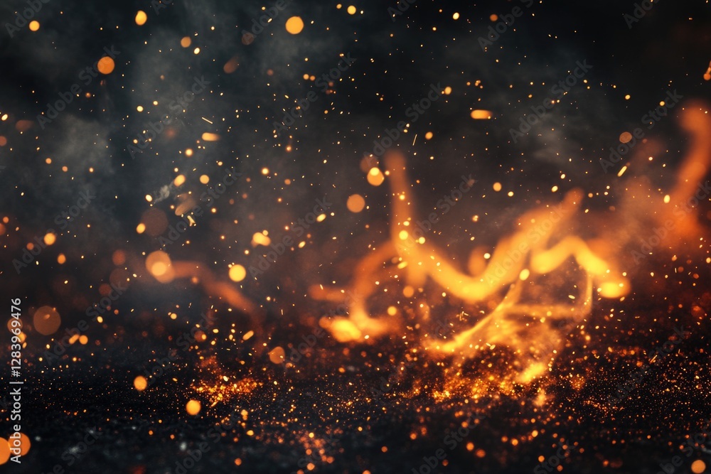 Poster fiery embers and sparks on a dark background creating an intense fire particles scene.