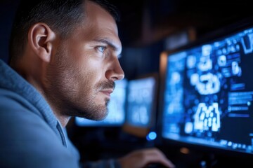 Fototapeta premium A close-profile view of a serious male programmer engaging with multiple screens showcasing data, signifying the dedicated work ethic and challenges faced in the tech field.