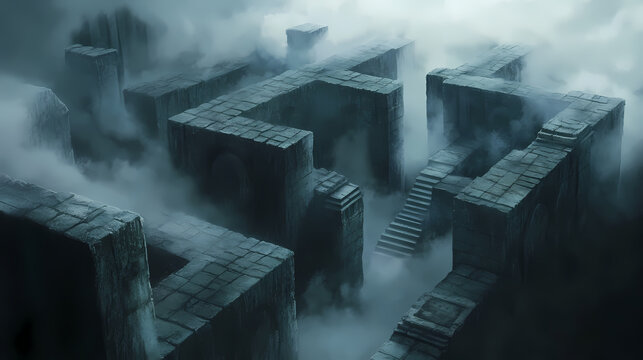 A mysterious maze of stone structures shrouded in mist, suggesting an ancient and enigmatic environment. Ancient Forgotten Labyrinth. Illustration