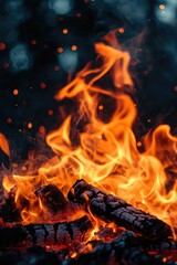Bright flames rising and moving at dark nigh in blurred background