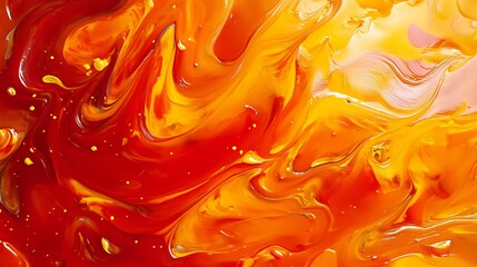Swirling paints of red orange and yellow colors create abstract patterns