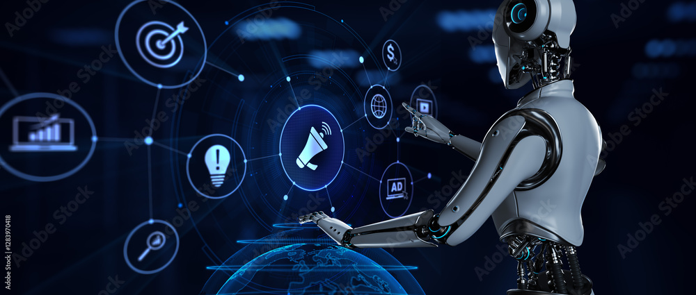 Poster advertising marketing automation technology concept. 3d render robot pressing virtual button.