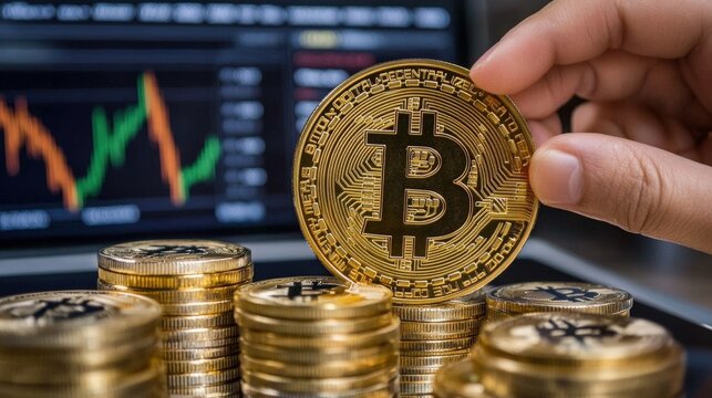 Cryptocurrency Analysis with Digital Coins on Tablet and Financial Graph Display