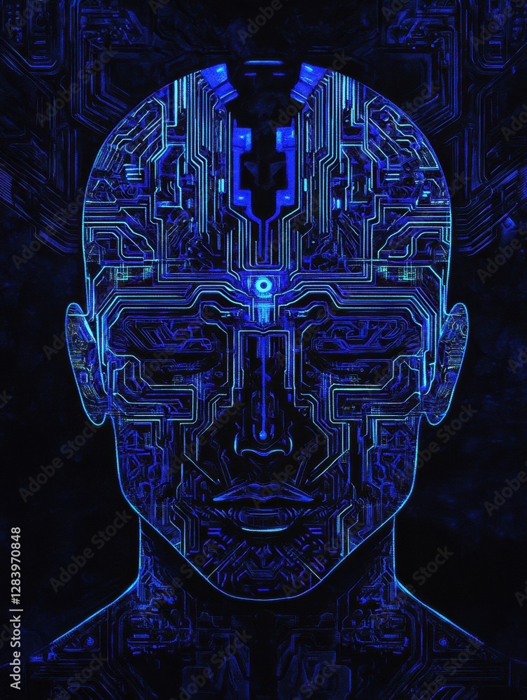 Poster silhouette of a human head with glowing circuit board design representing advanced ai technology and