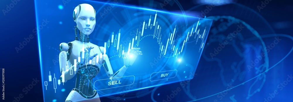 Poster ai-powered stock trading and market analysis on virtual screen. 3d render.