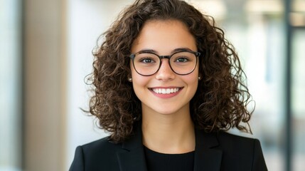 Obraz premium A smiling young woman with curly hair and glasses wears a professional suit, posing in a bright office environment.