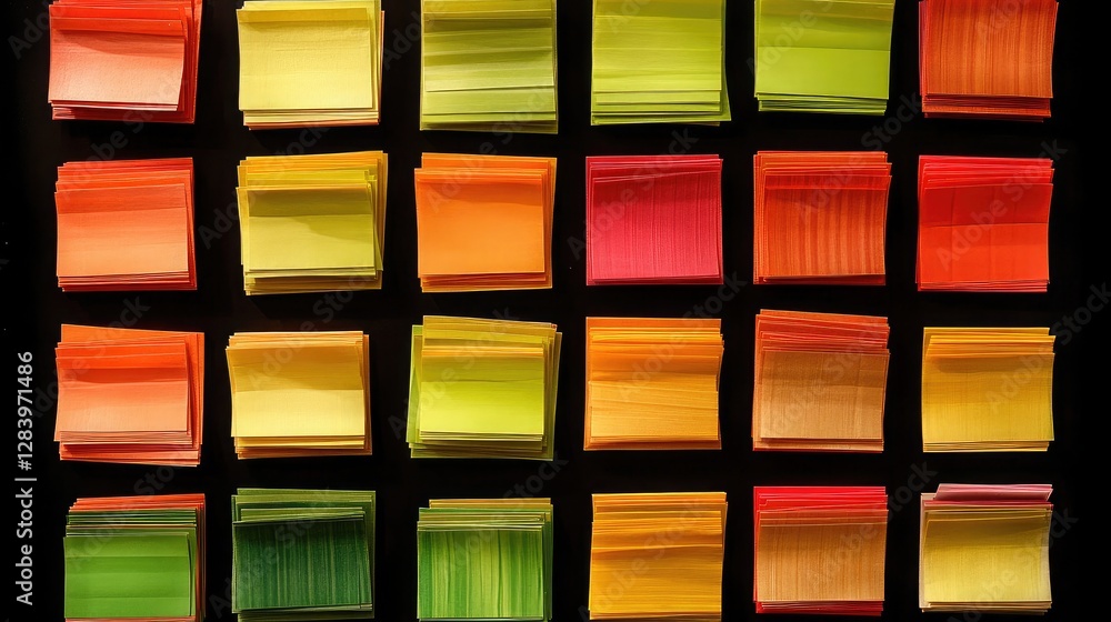 Poster a collection of colorful sticky notes arranged in a grid pattern on a black background, representing