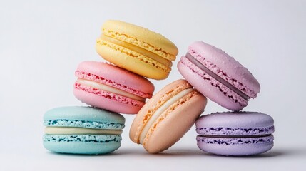 Obraz premium A collection of colorful macarons stacked in a pyramid on a white background, showcasing their delicate textures and pastel hues.