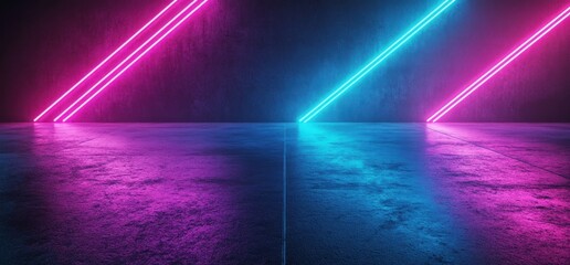 Vibrant neon lights illuminating grunge concrete floor