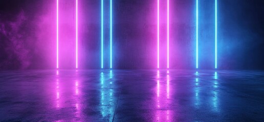 Vibrant pink and blue neon lights illuminating dark grunge concrete room
