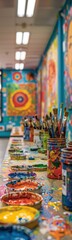 Fototapeta premium Many paint brushes and paints on a table