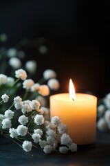 burning candlelight and white flowers tribute condolence memorial service announcement. with space for text an obituary, list of dead. Funeral concept