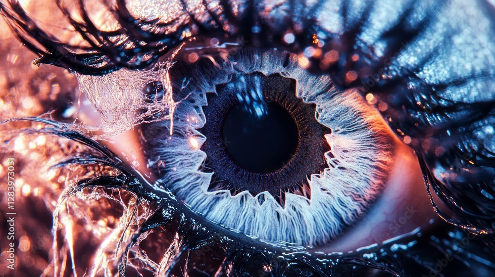 Poster An extreme close up reveals the exquisite patterns and textures of an eye, showcasing the interplay of colors and light that create a captivating visual experience. Each detail tells a unique story
