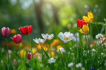 Obraz premium Beautiful spring garden. The green lawn emphasizes the blooming flowers in the garden. A diverse spectrum of colorful flowers, panoramic views of natural beauty