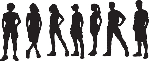 silhouette of a group of man and woman on white background.