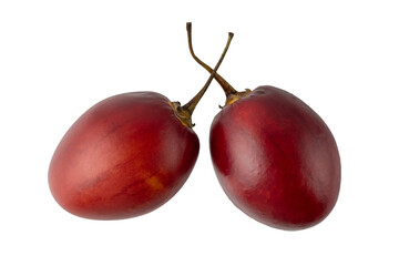 Two ripe dark red tamarillo fruits of tomato tree isolated on white background.
